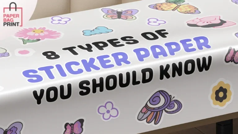 สติกเกอร์ลวดลายผีเสื้อและดอกไม้ ข้อความ '8 Types of Sticker Paper You Should Know' แสดงอยู่บนผ้าปูโต๊ะสีขาว