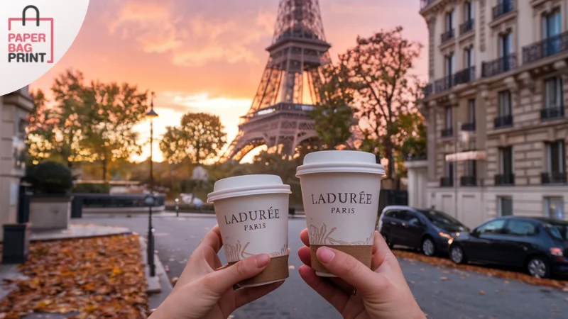 แก้วกาแฟกระดาษ Ladurée ปารีส หน้าหอไอเฟลในบรรยากาศยามเย็น